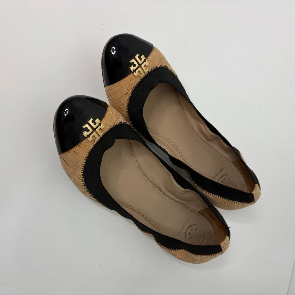 Tory Burch Black and Natural Cork Cap-Toe Ballet Flats